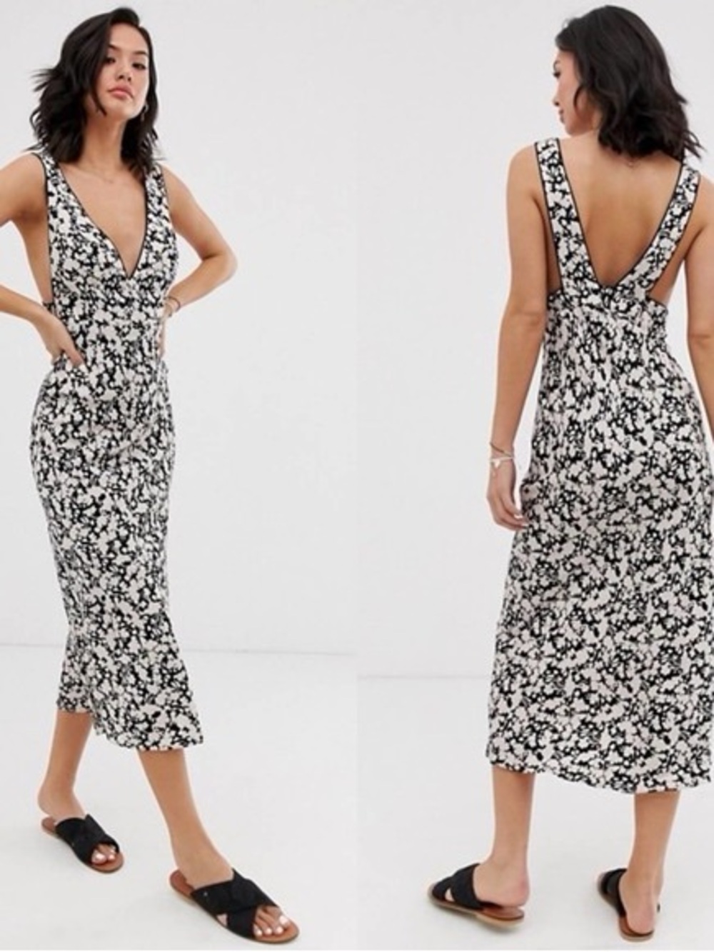 Free People Ohh La La Bias Floral Midi Slip Dress Black Cream Size 6